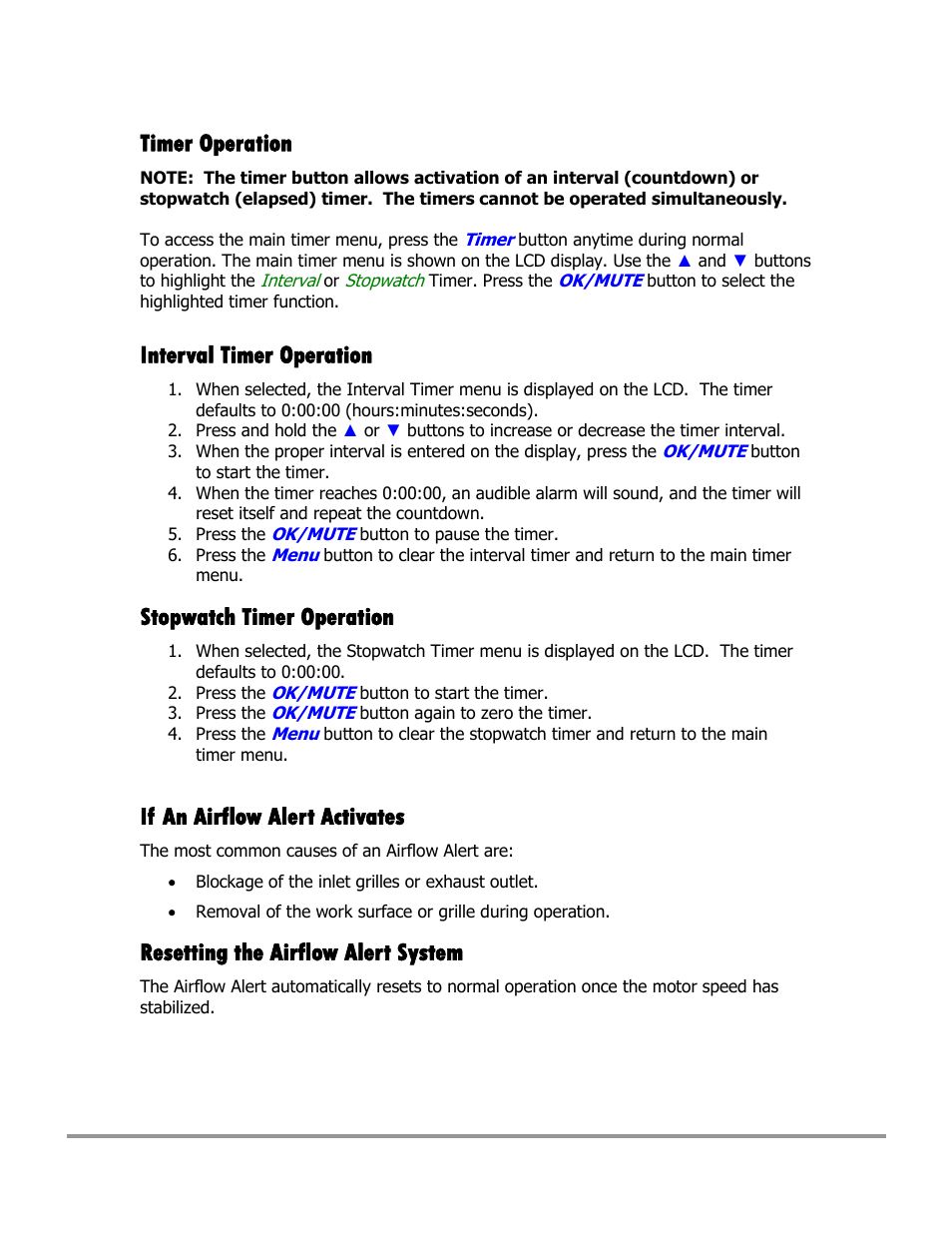 Timer operation, Interval timer operation, Stopwatch timer operation | If an airflow alert activates, Resetting the airflow alert system | Labconco Type C1 Biosafety Cabinet Models 30468 User Manual | Page 72 / 155