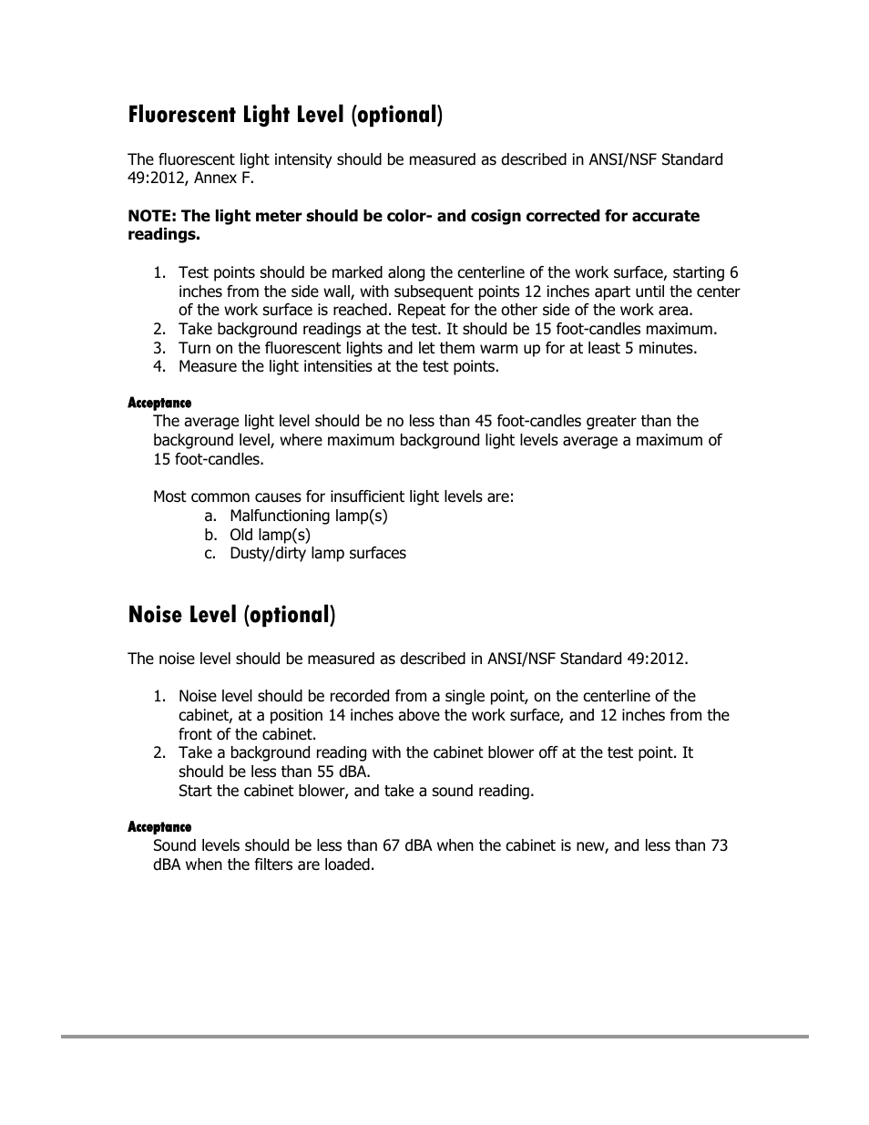 Fluorescent light level (optional), Noise level (optional) | Labconco Type C1 Biosafety Cabinet Models 30468 User Manual | Page 90 / 155