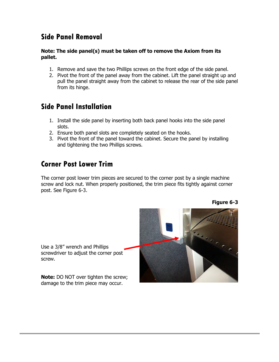 Side panel removal, Side panel installation, Corner post lower trim | Labconco Type C1 Biosafety Cabinet Models 30468 User Manual | Page 95 / 155