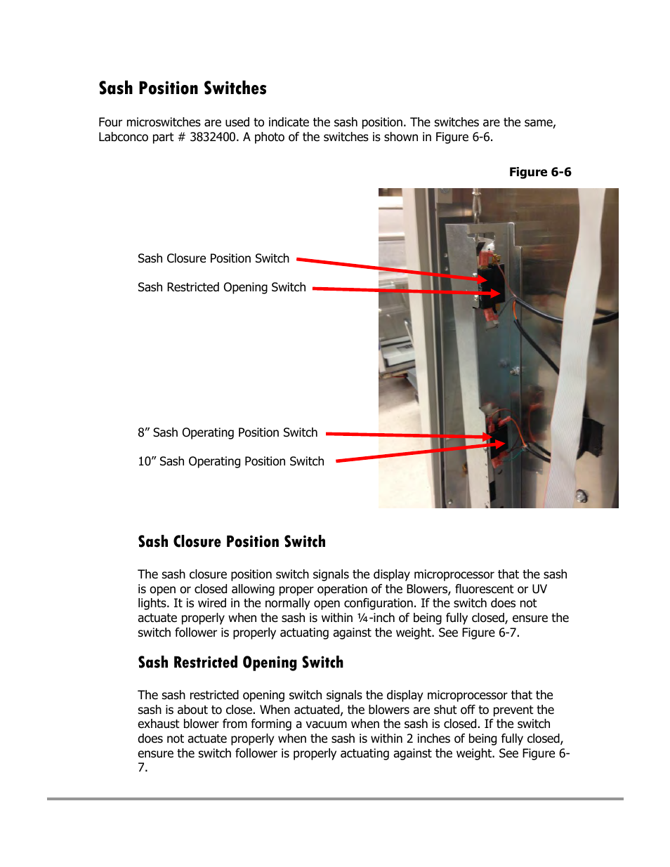 Sash position switches, Sash closure position switch, Sash restricted opening switch | Labconco Type C1 Biosafety Cabinet Models 30468 User Manual | Page 98 / 155