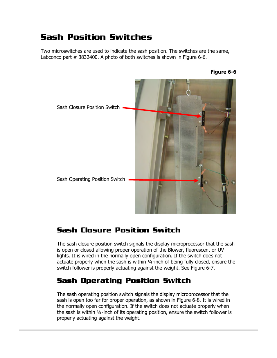 Sash position switches, Sash closure position switch, Sash operating position switch | Labconco PURICARE Procedure Station Models 31260 User Manual | Page 101 / 172