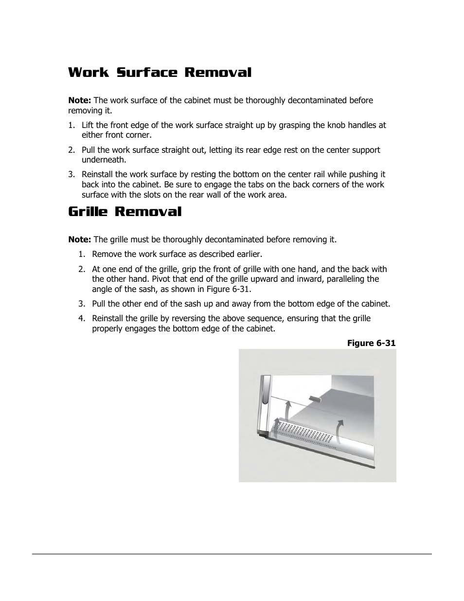 Work surface removal, Grille removal | Labconco PURICARE Procedure Station Models 31260 User Manual | Page 116 / 172