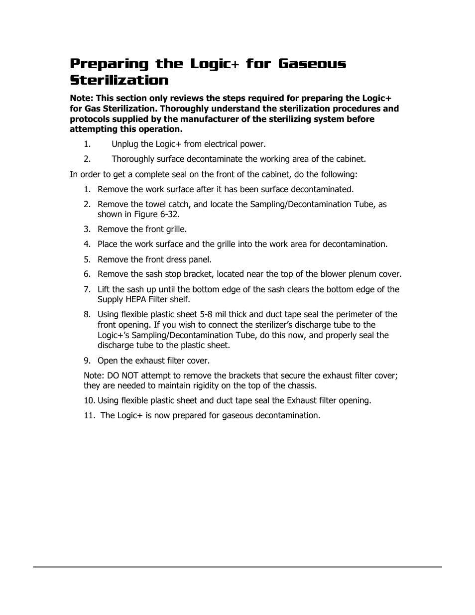 Preparing the logic+ for gaseous sterilization | Labconco PURICARE Procedure Station Models 31260 User Manual | Page 120 / 172
