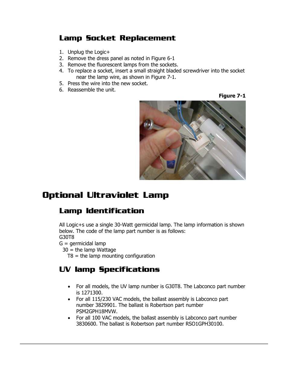 Optional ultraviolet lamp, Lamp socket replacement, Lamp identification | Uv lamp specifications | Labconco PURICARE Procedure Station Models 31260 User Manual | Page 122 / 172