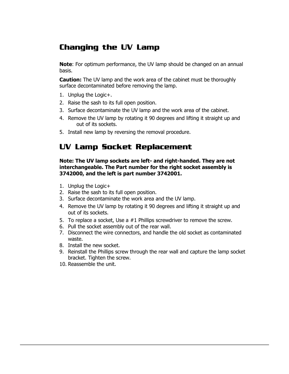 Changing the uv lamp, Uv lamp socket replacement | Labconco PURICARE Procedure Station Models 31260 User Manual | Page 123 / 172
