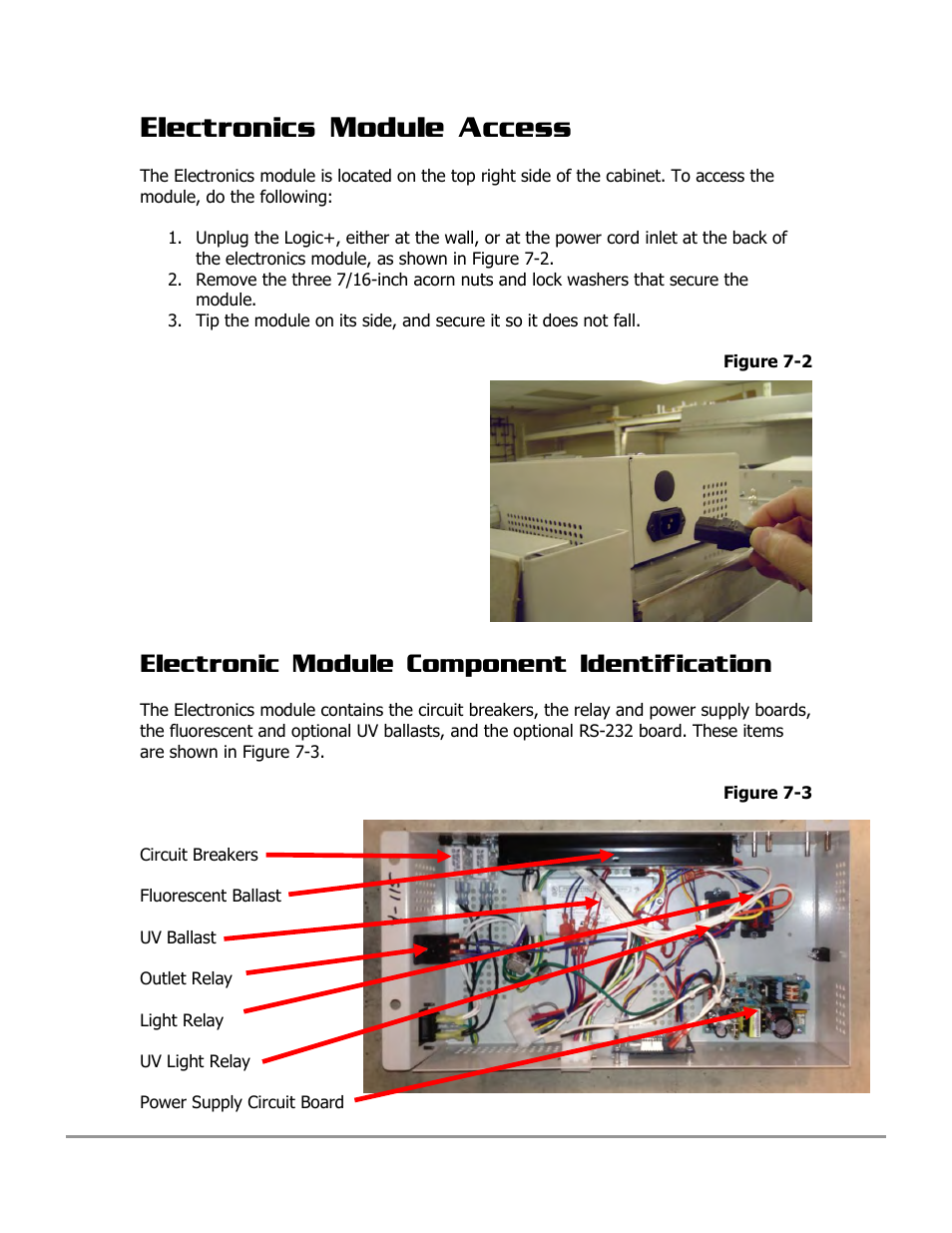 Electronics module access, Electronic module component identification | Labconco PURICARE Procedure Station Models 31260 User Manual | Page 124 / 172
