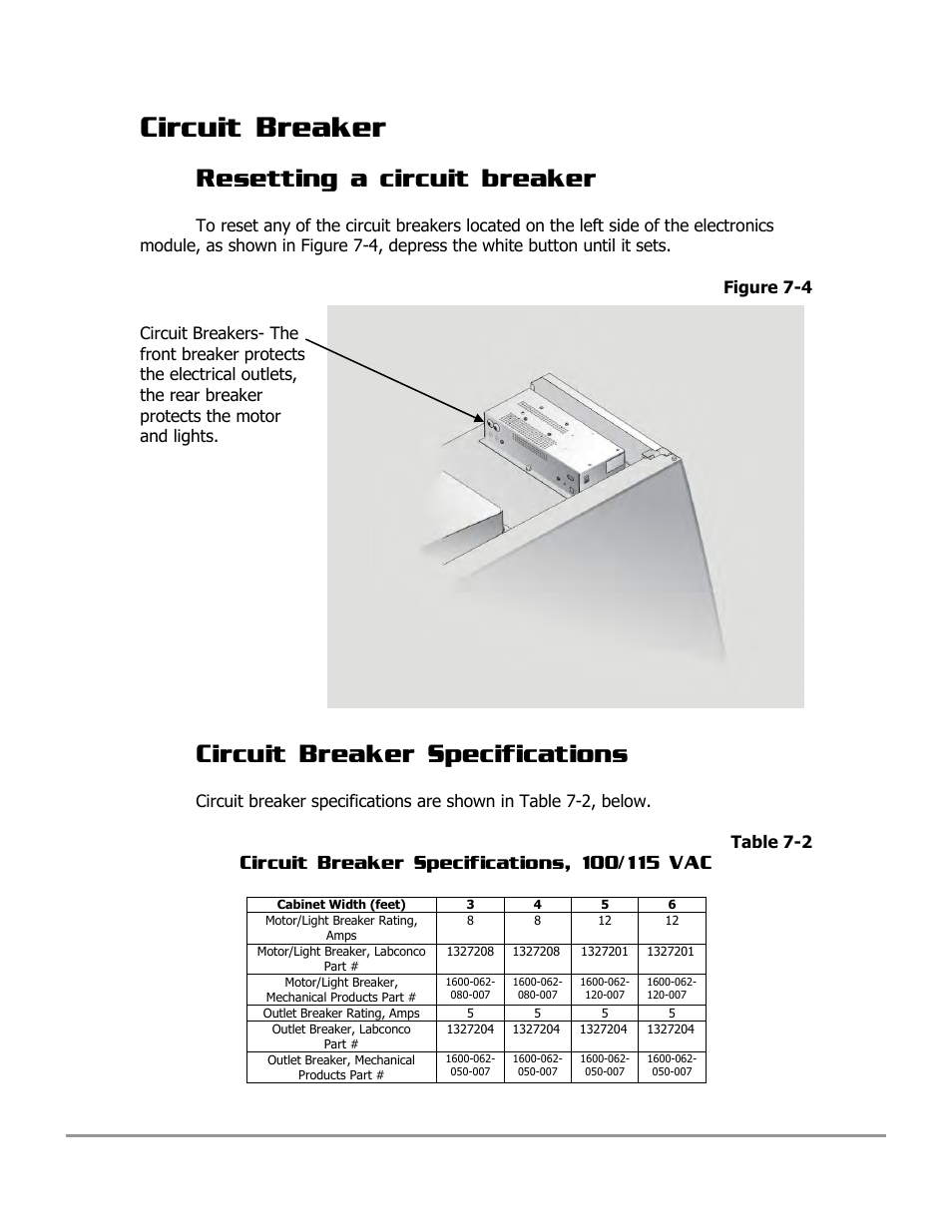 Circuit breaker, Resetting a circuit breaker, Circuit breaker specifications | Labconco PURICARE Procedure Station Models 31260 User Manual | Page 125 / 172