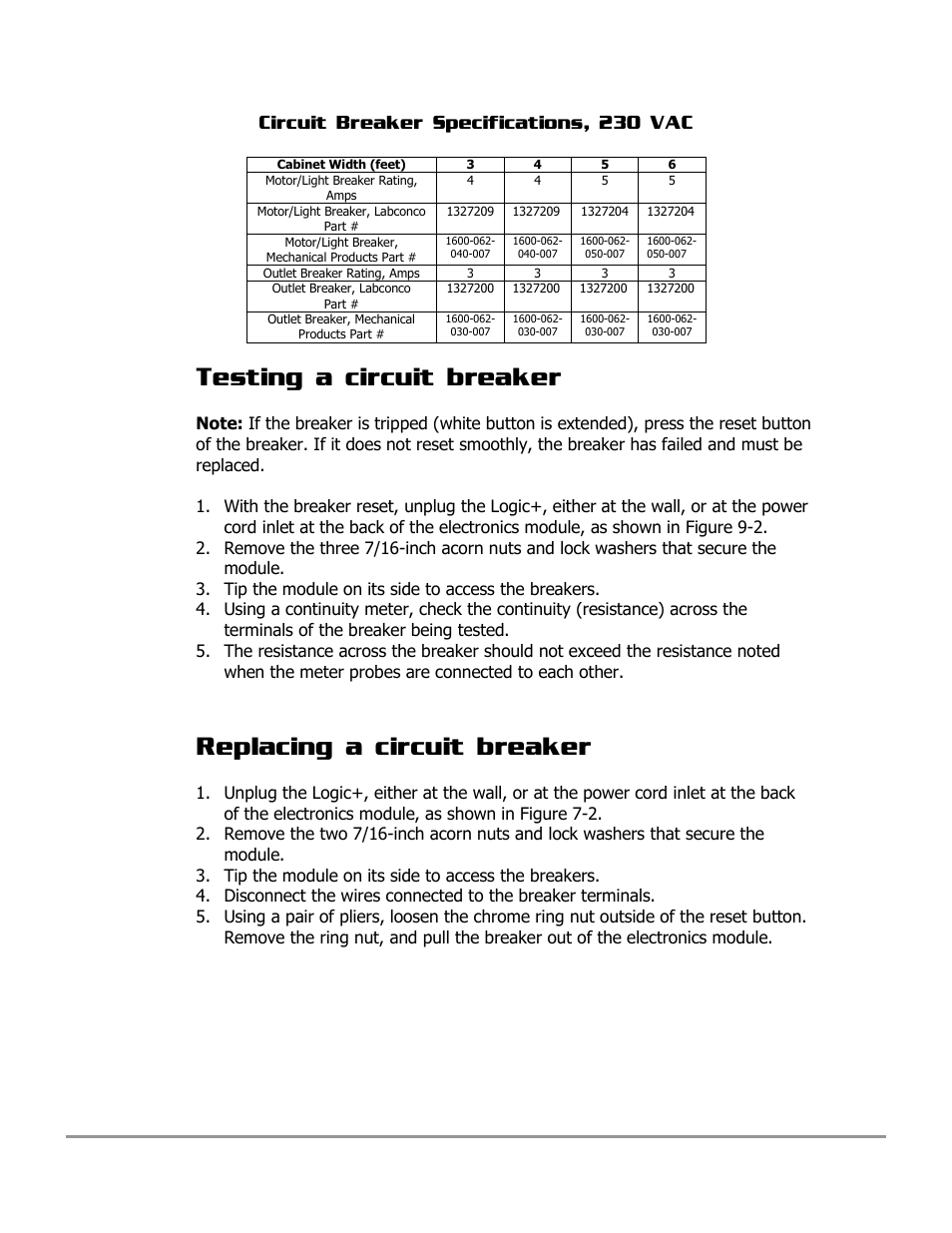 Testing a circuit breaker, Replacing a circuit breaker | Labconco PURICARE Procedure Station Models 31260 User Manual | Page 126 / 172