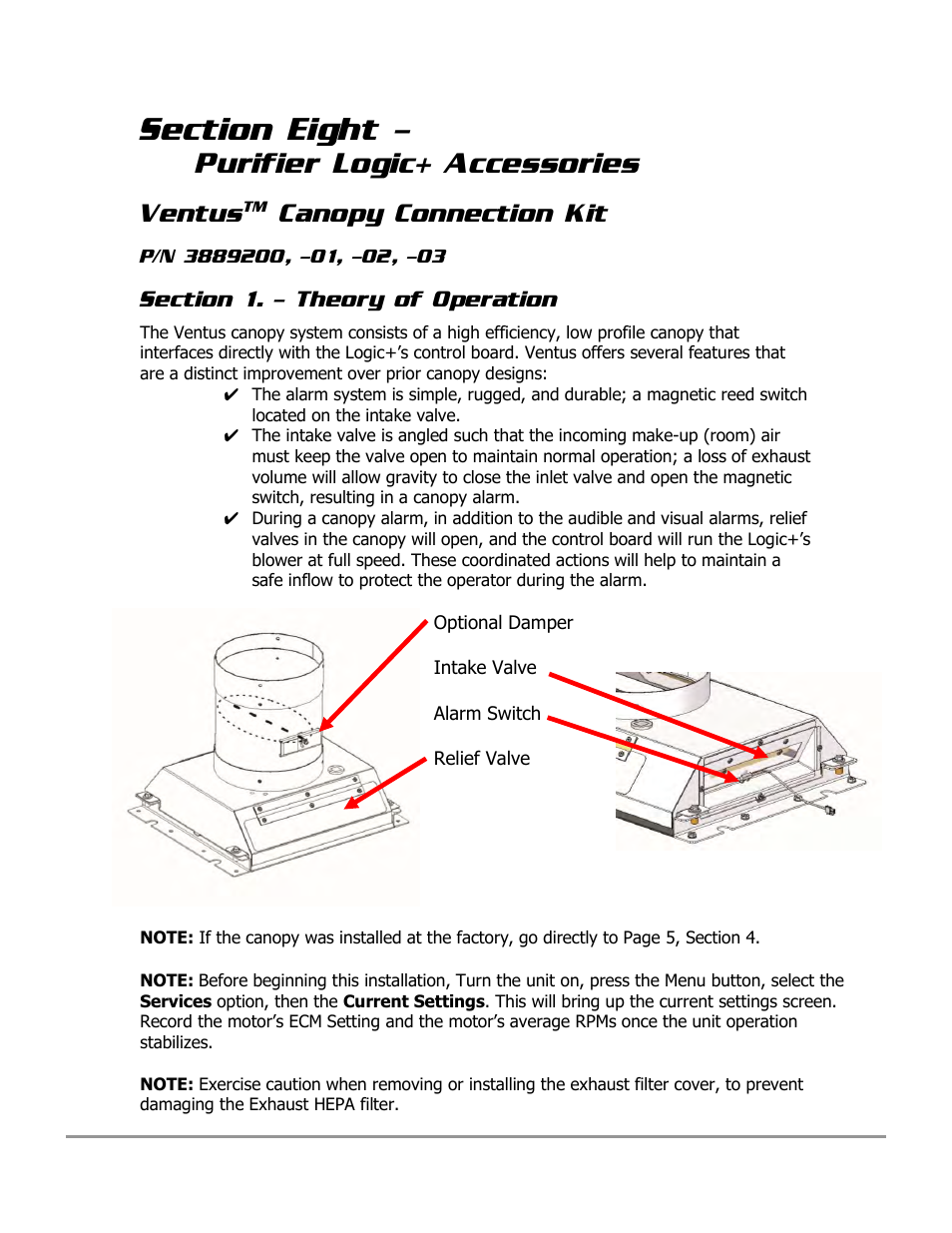Purifier logic+ accessories, Ventus, Canopy connection kit | Labconco PURICARE Procedure Station Models 31260 User Manual | Page 135 / 172