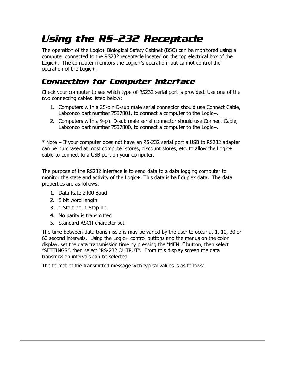 Using the rs-232 receptacle, Connection for computer interface | Labconco PURICARE Procedure Station Models 31260 User Manual | Page 158 / 172
