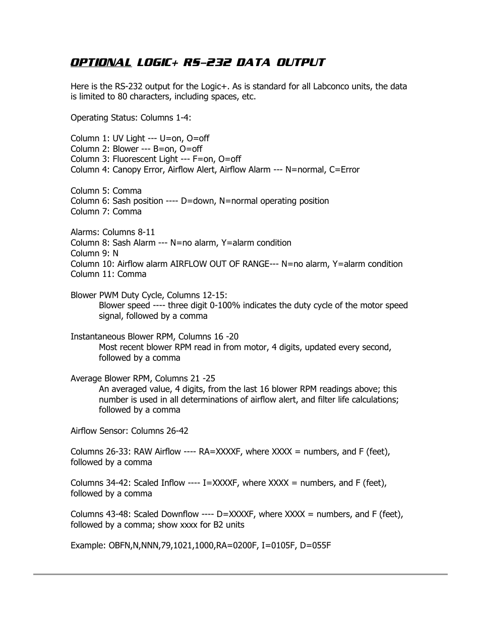 Optional logic+ rs-232 data output | Labconco PURICARE Procedure Station Models 31260 User Manual | Page 159 / 172