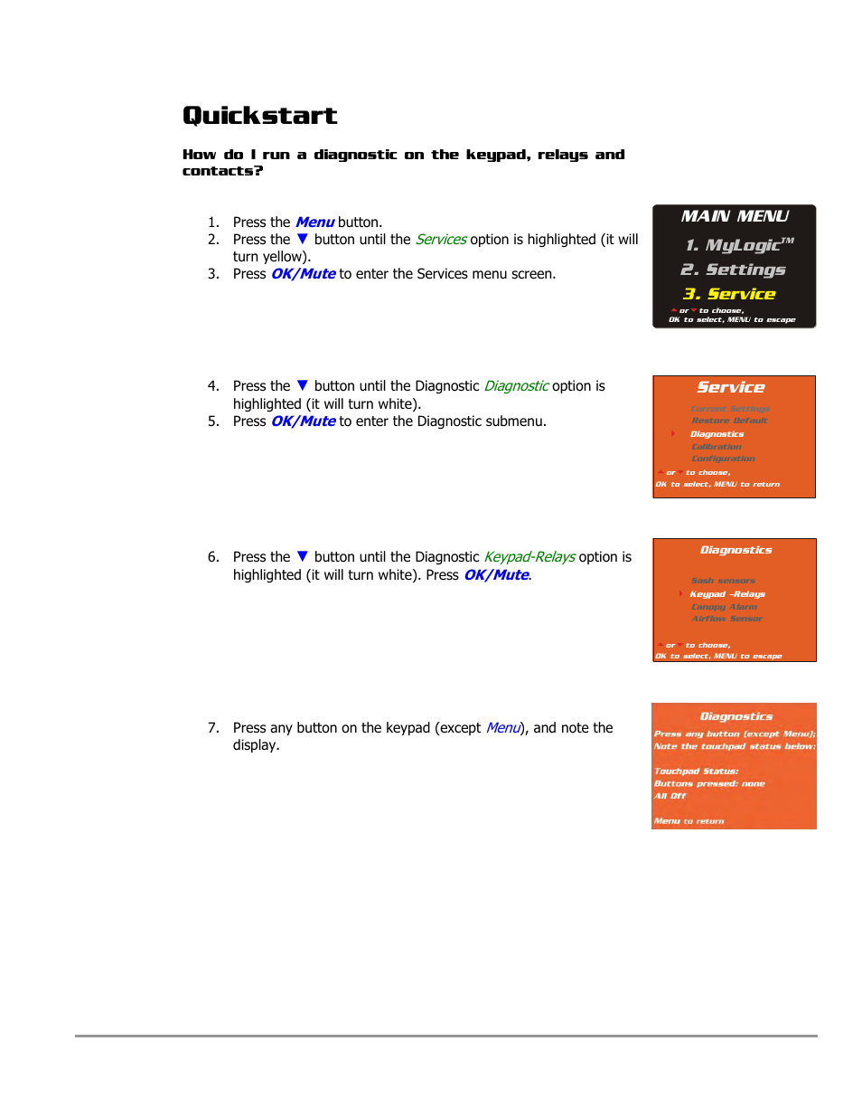 Quickstart, Main menu 1. mylogic, Settings 3. service | Service | Labconco PURICARE Procedure Station Models 31260 User Manual | Page 16 / 172