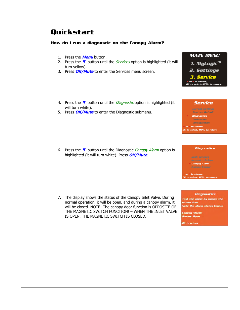 Quickstart, Main menu 1. mylogic, Settings 3. service | Service | Labconco PURICARE Procedure Station Models 31260 User Manual | Page 17 / 172