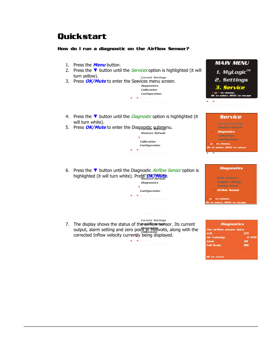 Quickstart, Service, Main menu 1. mylogic | Settings 3. service, Menu, Services, Ok/mute, Diagnostic, Airflow sensor | Labconco PURICARE Procedure Station Models 31260 User Manual | Page 18 / 172
