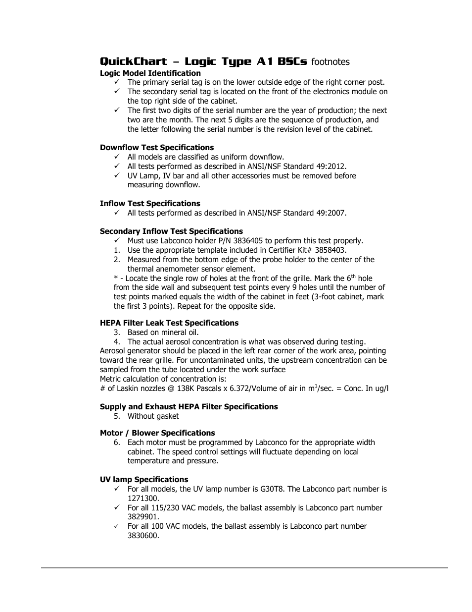 Quickchart - logic type a1 bscs | Labconco PURICARE Procedure Station Models 31260 User Manual | Page 23 / 172