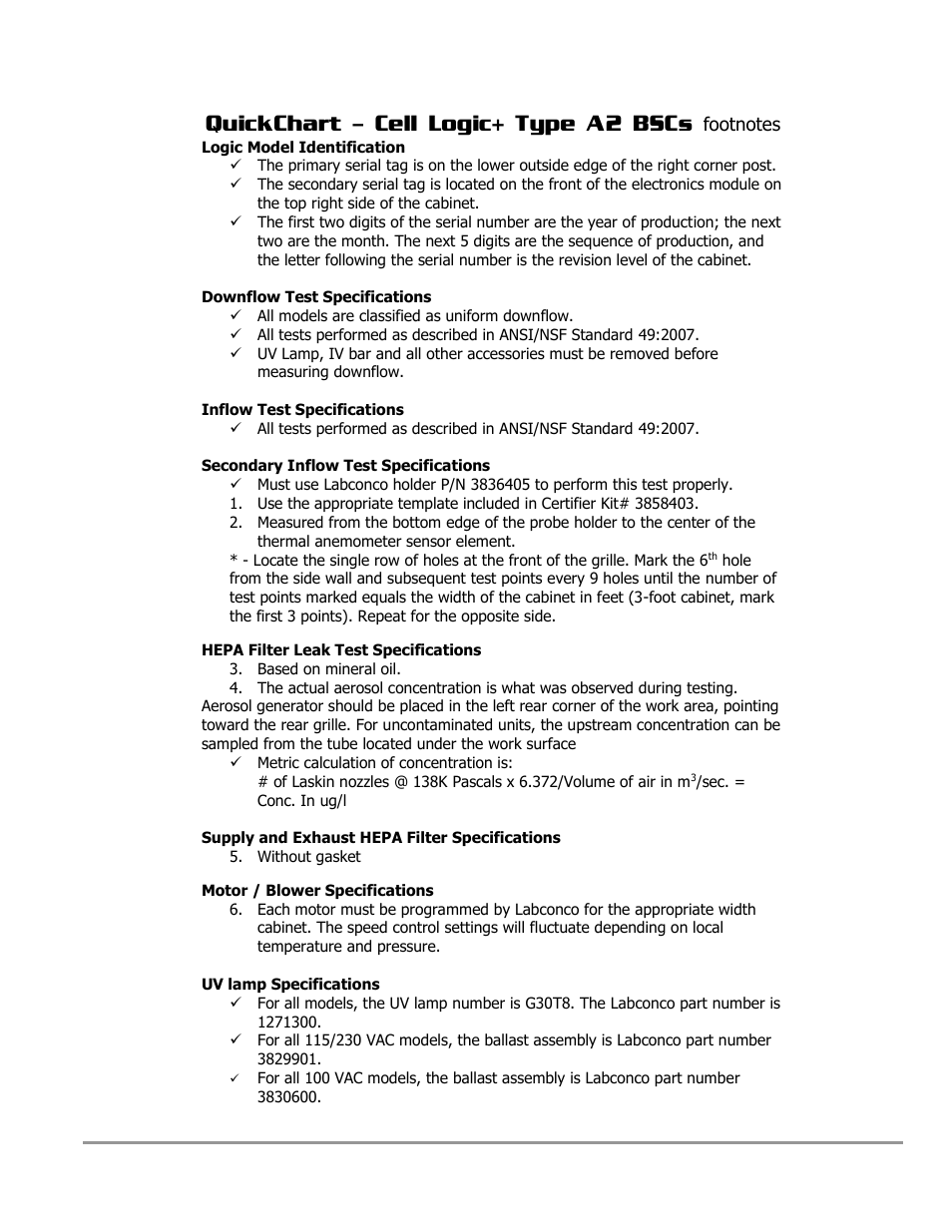 Quickchart – cell logic+ type a2 bscs | Labconco PURICARE Procedure Station Models 31260 User Manual | Page 35 / 172