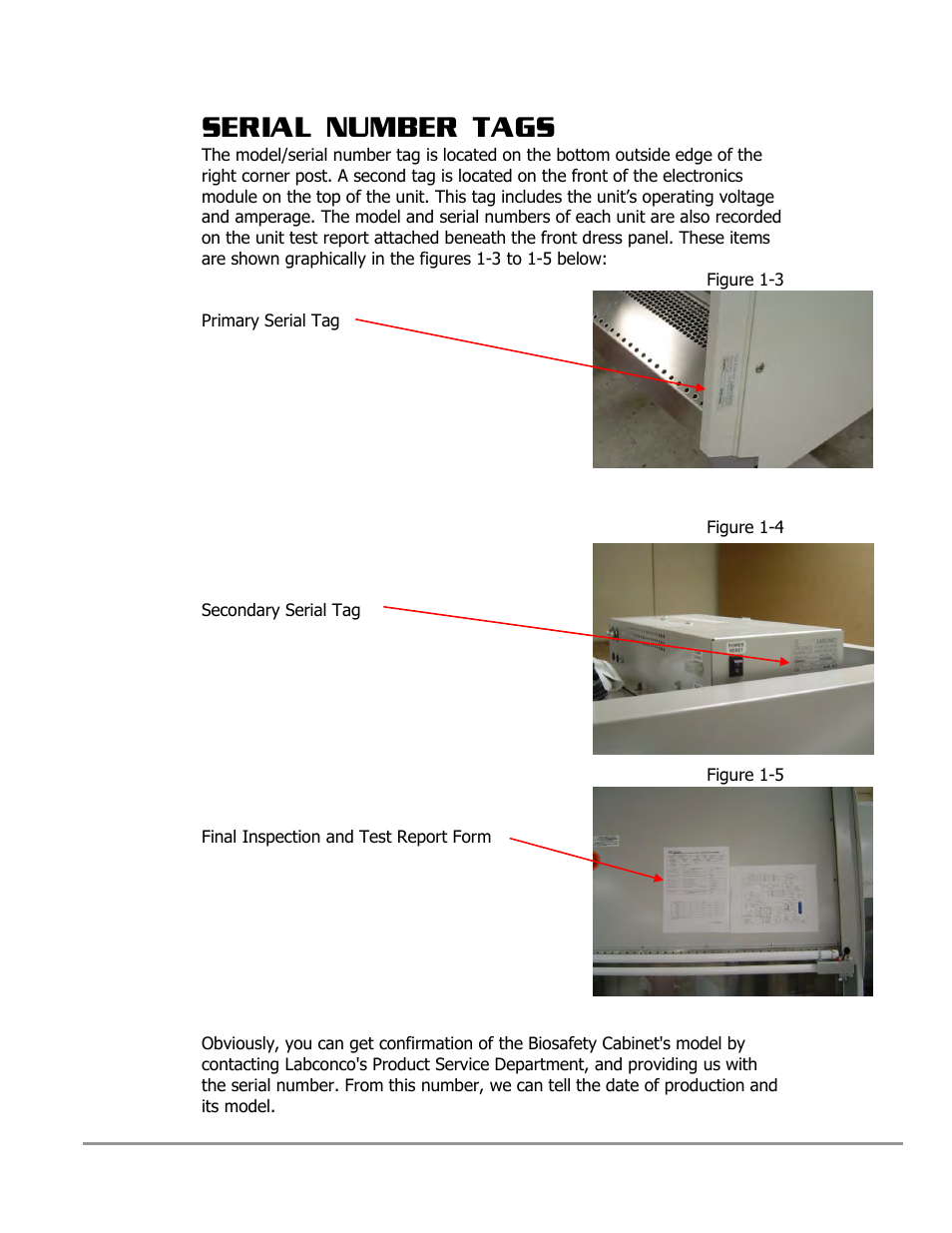 Serial number tags | Labconco PURICARE Procedure Station Models 31260 User Manual | Page 37 / 172