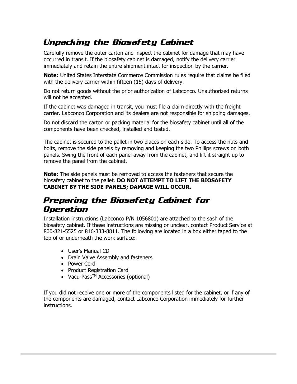 Unpacking the biosafety cabinet, Preparing the biosafety cabinet for operation | Labconco PURICARE Procedure Station Models 31260 User Manual | Page 51 / 172