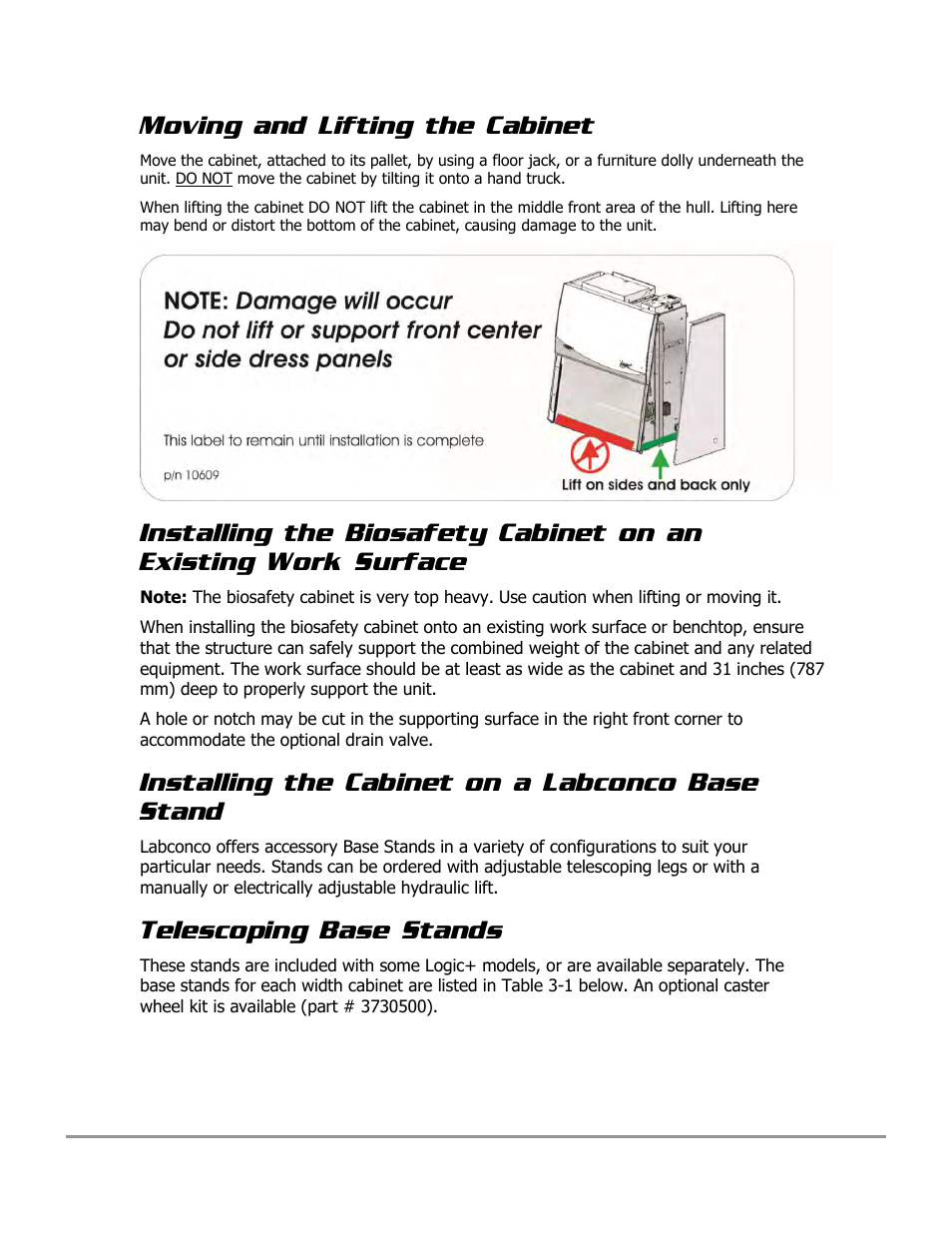 Moving and lifting the cabinet, Installing the cabinet on a labconco base stand, Telescoping base stands | Labconco PURICARE Procedure Station Models 31260 User Manual | Page 52 / 172