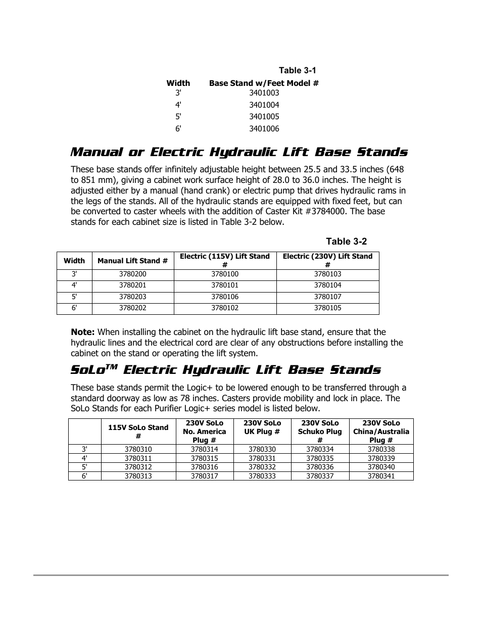 Manual or electric hydraulic lift base stands, Solo, Electric hydraulic lift base stands | Labconco PURICARE Procedure Station Models 31260 User Manual | Page 53 / 172