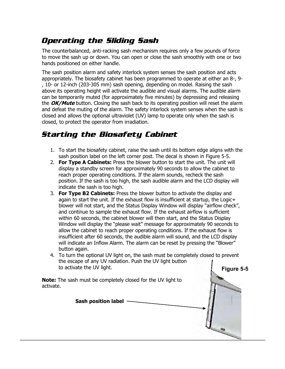 Operating the sliding sash, Starting the biosafety cabinet | Labconco PURICARE Procedure Station Models 31260 User Manual | Page 61 / 172