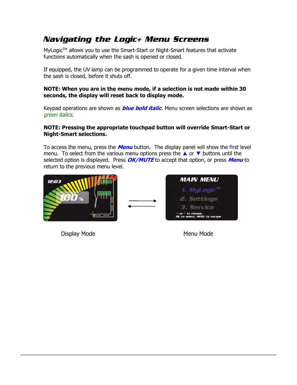 Navigating the logic+ menu screens | Labconco PURICARE Procedure Station Models 31260 User Manual | Page 63 / 172