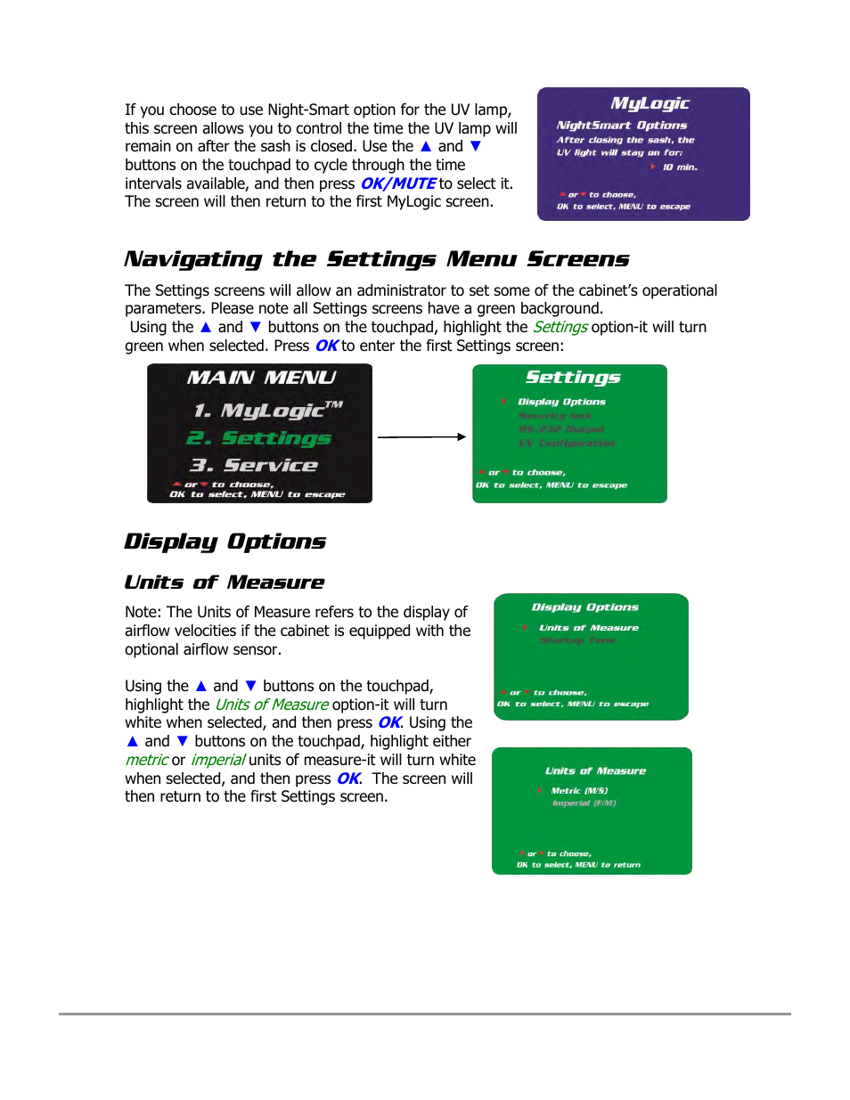 Navigating the settings menu screens, Display options | Labconco PURICARE Procedure Station Models 31260 User Manual | Page 66 / 172