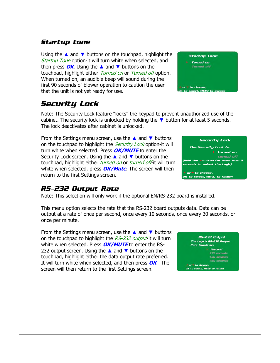 Security lock, Startup tone, Rs-232 output rate | Labconco PURICARE Procedure Station Models 31260 User Manual | Page 67 / 172