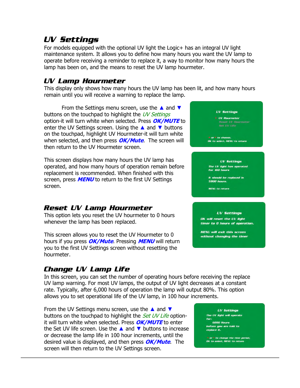 Uv settings, Uv lamp hourmeter, Reset uv lamp hourmeter | Change uv lamp life | Labconco PURICARE Procedure Station Models 31260 User Manual | Page 68 / 172