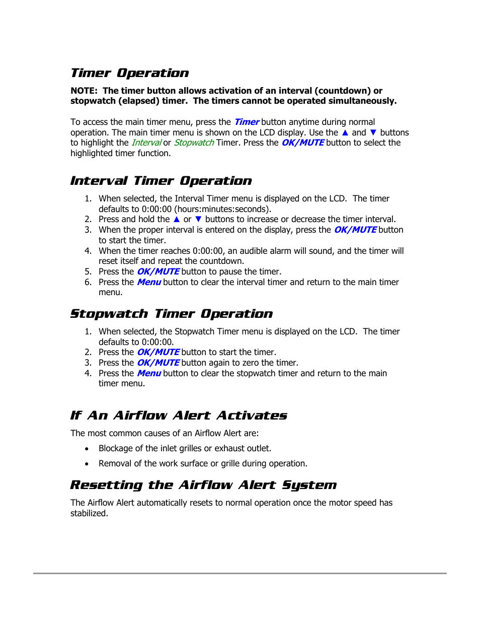 Timer operation, Interval timer operation, Stopwatch timer operation | If an airflow alert activates, Resetting the airflow alert system | Labconco PURICARE Procedure Station Models 31260 User Manual | Page 69 / 172