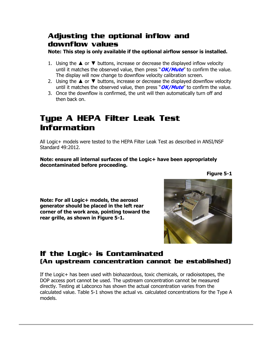 Type a hepa filter leak test information, Adjusting the optional inflow and downflow values, If the logic+ is contaminated | Labconco PURICARE Procedure Station Models 31260 User Manual | Page 72 / 172