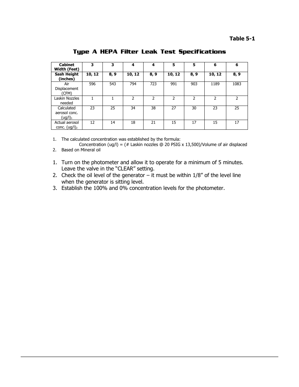 Type a hepa filter leak test specifications, Table 5-1 | Labconco PURICARE Procedure Station Models 31260 User Manual | Page 73 / 172