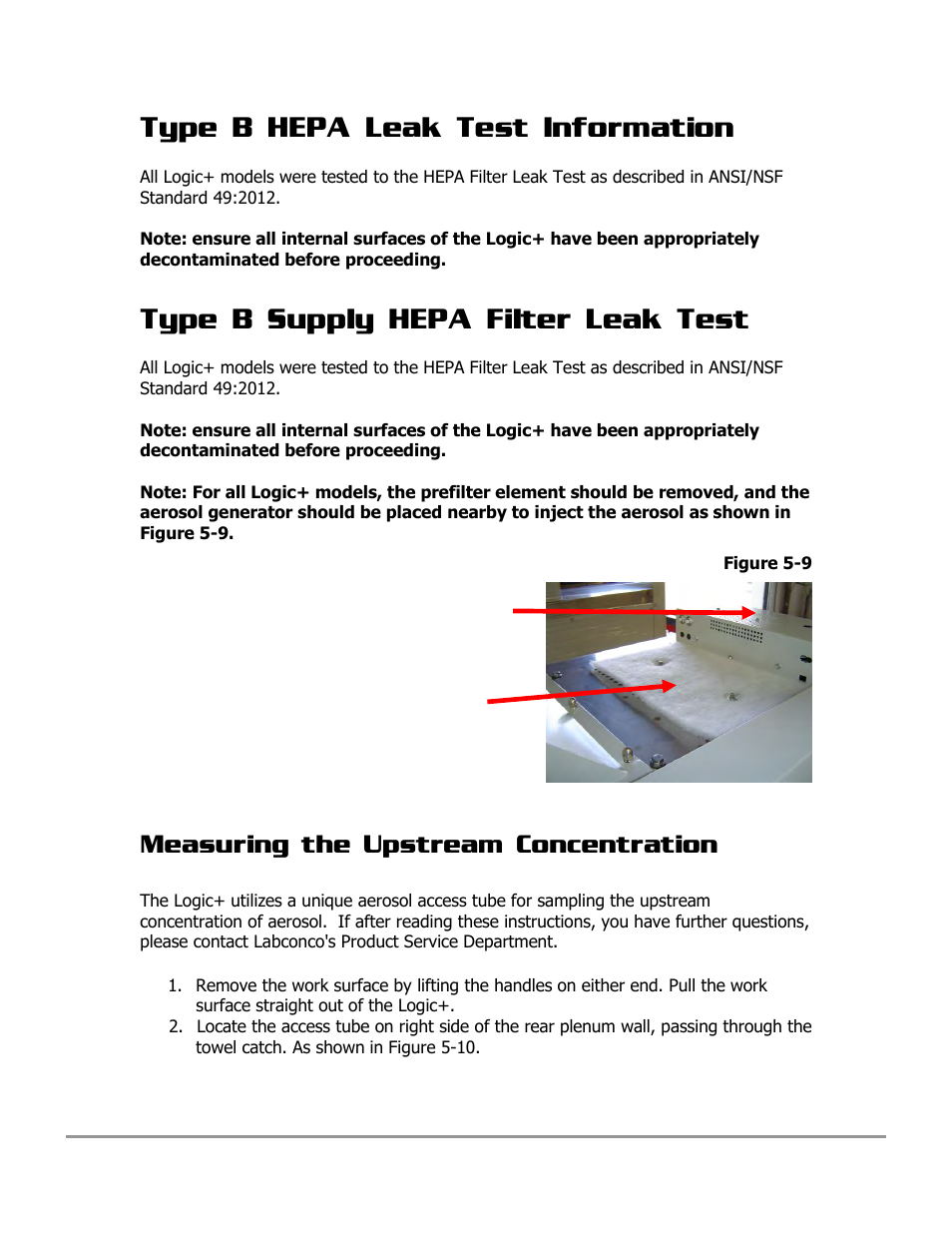 Type b hepa leak test information, Type b supply hepa filter leak test, Measuring the upstream concentration | Labconco PURICARE Procedure Station Models 31260 User Manual | Page 79 / 172
