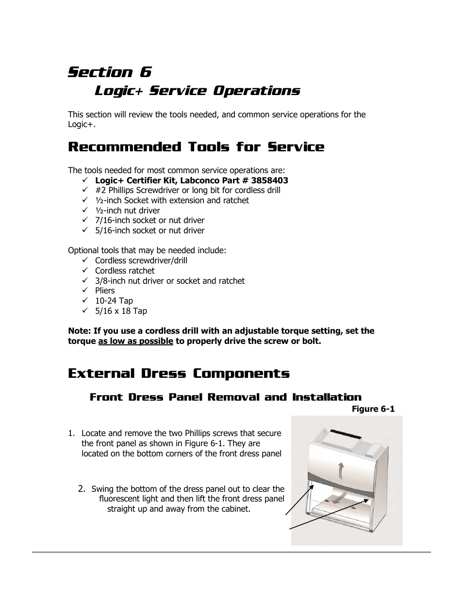 Logic+ service operations, Recommended tools for service, External dress components | Labconco PURICARE Procedure Station Models 31260 User Manual | Page 97 / 172