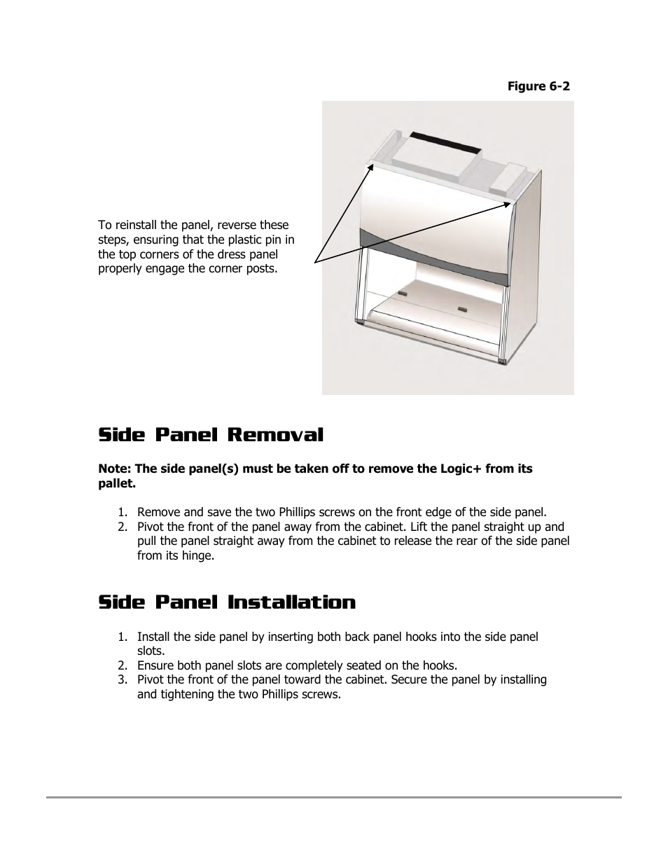 Side panel removal, Side panel installation | Labconco PURICARE Procedure Station Models 31260 User Manual | Page 98 / 172