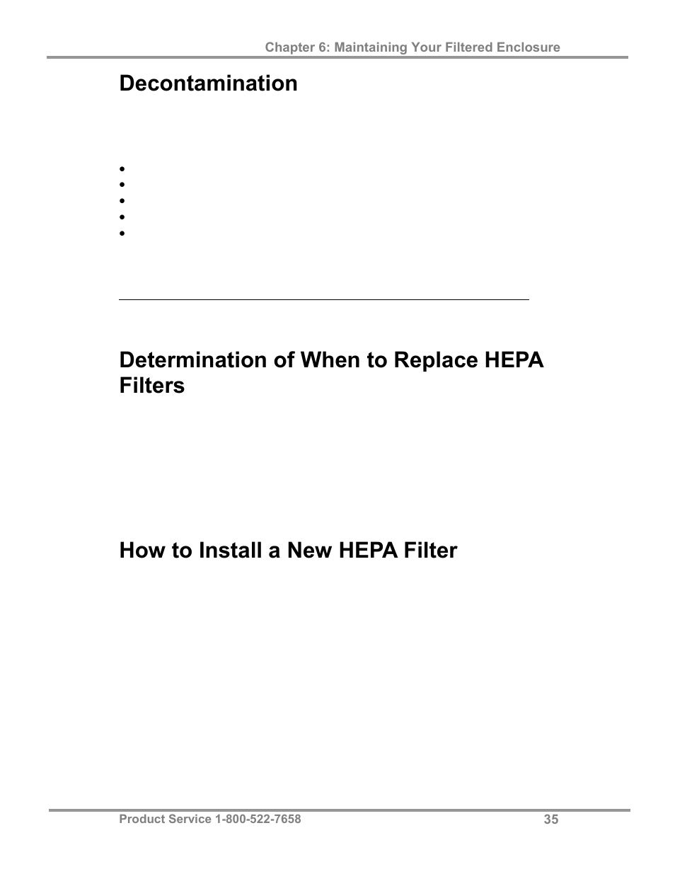 Decontamination, Determination of when to replace hepa filters, How to install a new hepa filter | Labconco Class I Enclosure Models 3980423 User Manual | Page 39 / 77