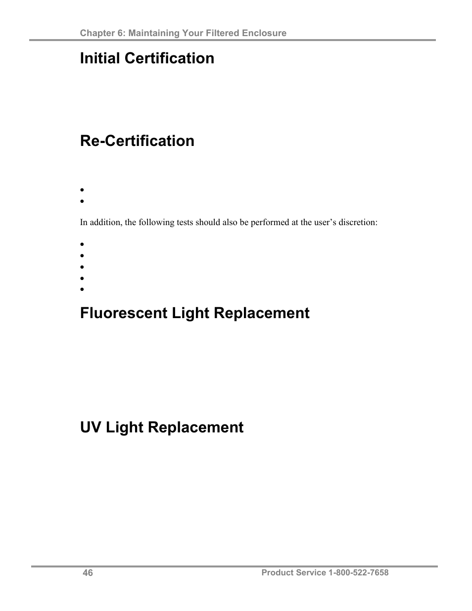 Initial certification, Re-certification, Fluorescent light replacement | Uv light replacement | Labconco Class I Enclosure Models 3980423 User Manual | Page 50 / 77