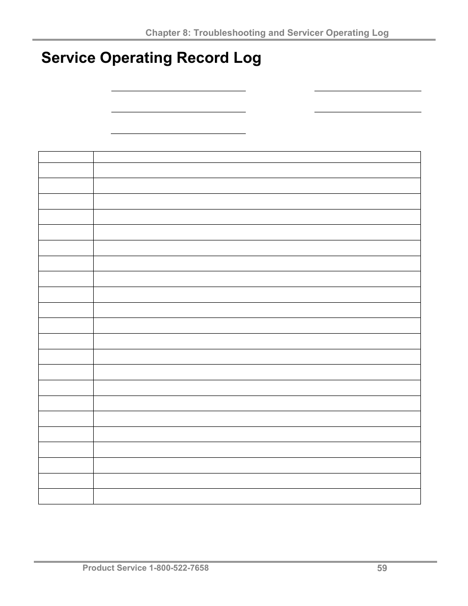 Service operating record log | Labconco Class I Enclosure Models 3980423 User Manual | Page 63 / 78