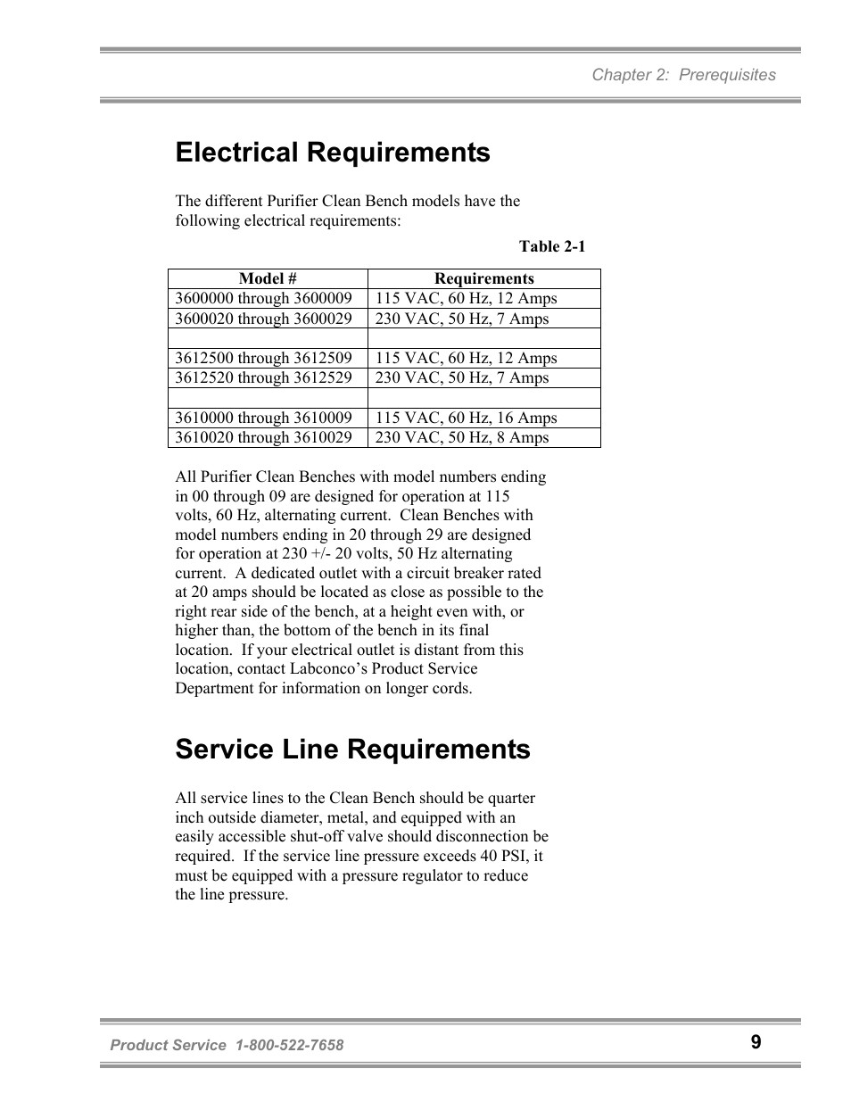 Electrical requirements, Service line requirements | Labconco Purifie Horizontal Clean Benches 36125 Series User Manual | Page 13 / 81