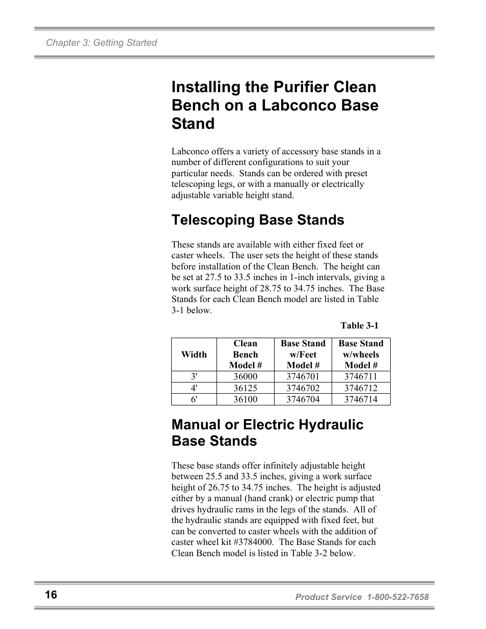 Telescoping base stands, Manual or electric hydraulic base stands | Labconco Purifie Horizontal Clean Benches 36125 Series User Manual | Page 20 / 81