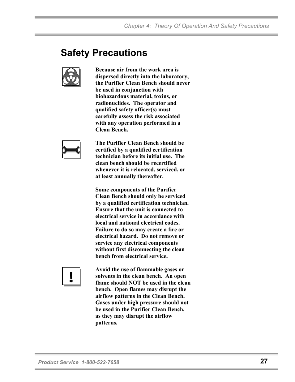 Safety precautions | Labconco Purifie Horizontal Clean Benches 36125 Series User Manual | Page 31 / 81