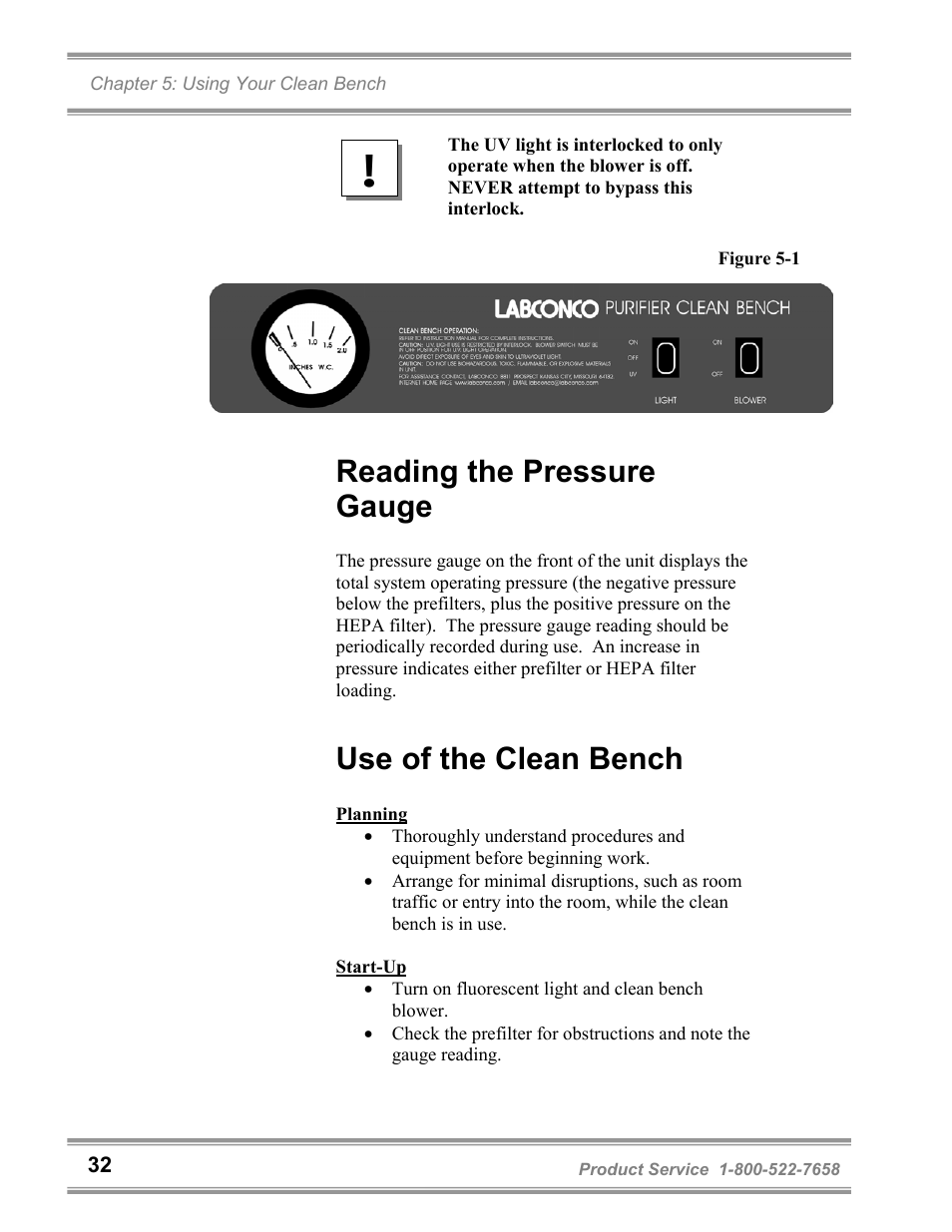 Reading the pressure gauge, Use of the clean bench | Labconco Purifie Horizontal Clean Benches 36125 Series User Manual | Page 36 / 81