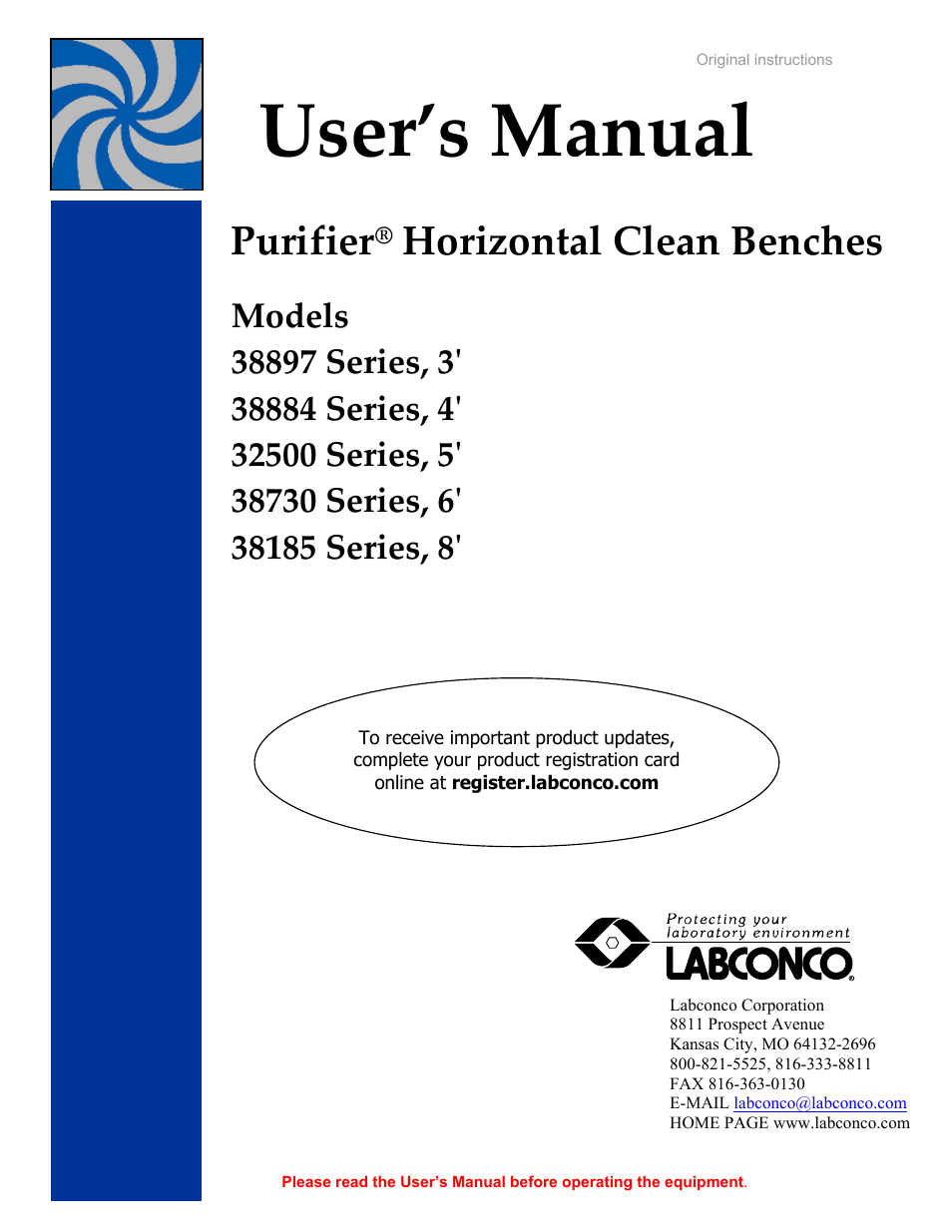 Labconco Purifie Horizontal Clean Benches 38185 Series, 8' User Manual | 53 pages