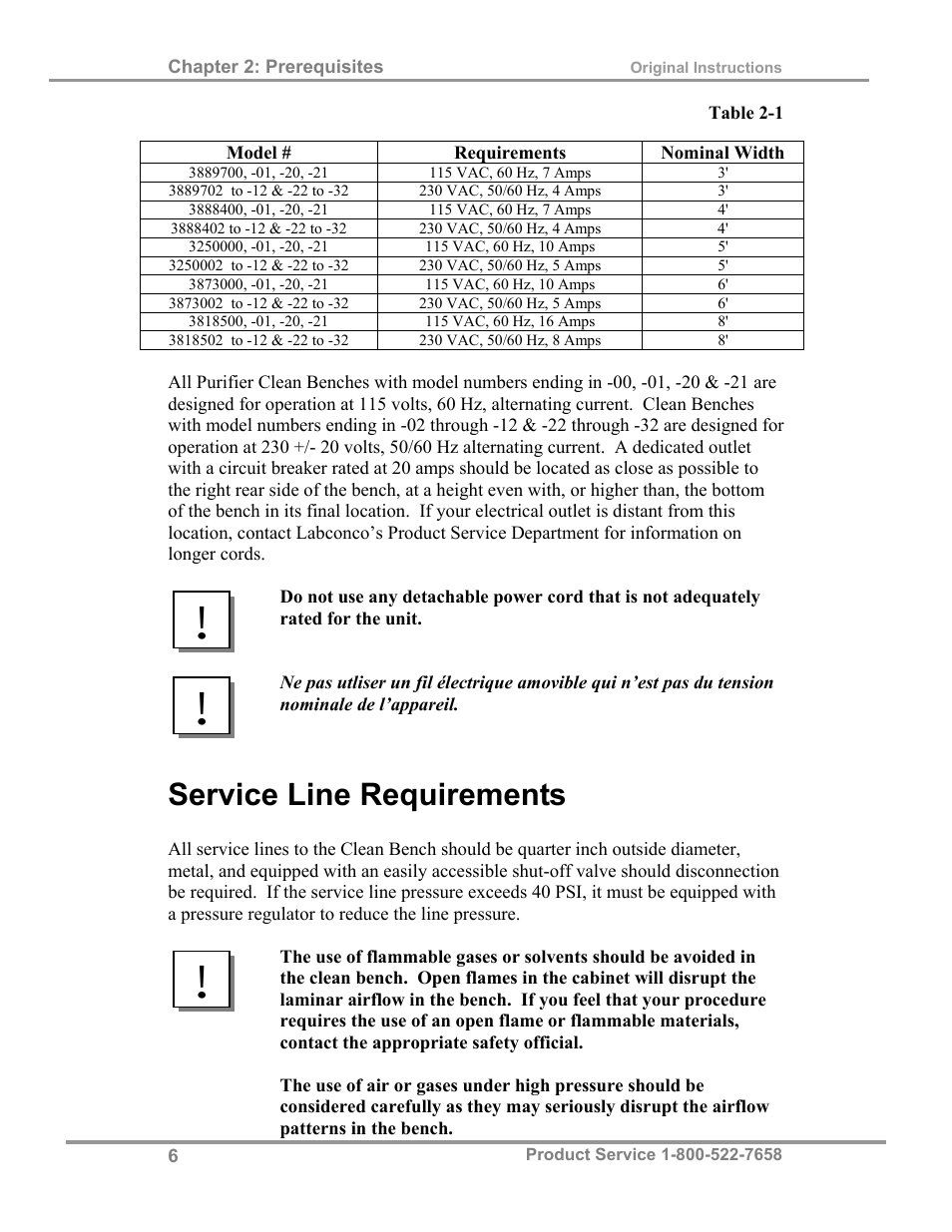 Service line requirements | Labconco Purifie Horizontal Clean Benches 38185 Series, 8' User Manual | Page 10 / 53