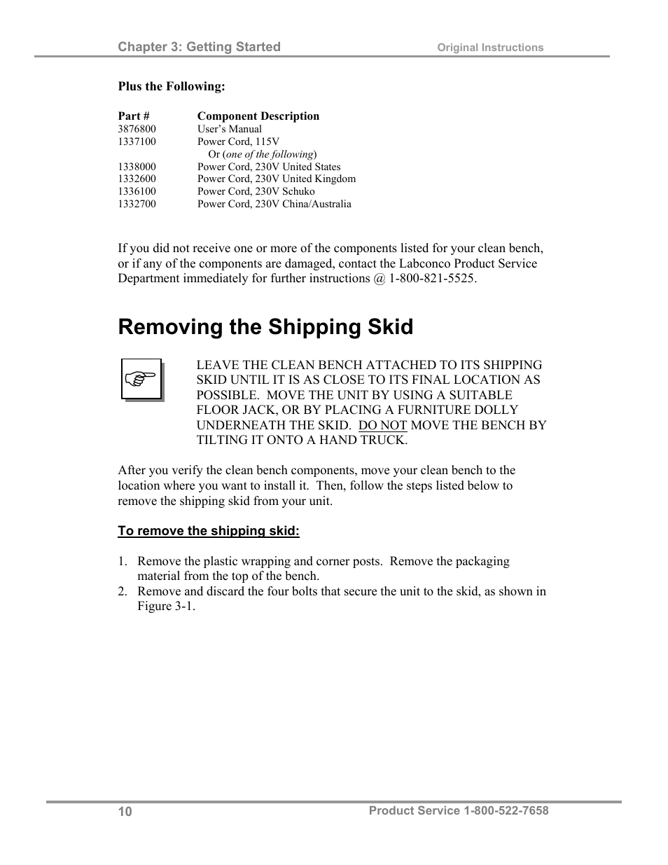 Removing the shipping skid | Labconco Purifie Horizontal Clean Benches 38185 Series, 8' User Manual | Page 14 / 53