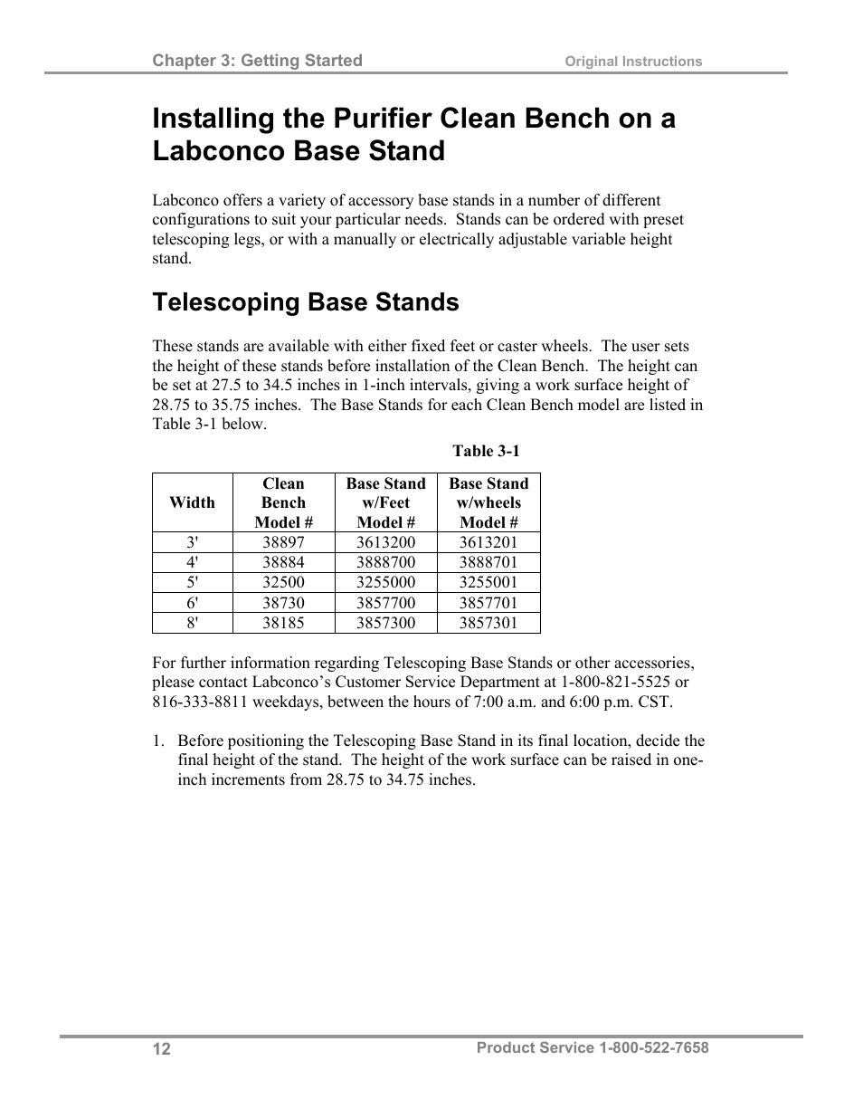 Telescoping base stands | Labconco Purifie Horizontal Clean Benches 38185 Series, 8' User Manual | Page 16 / 53