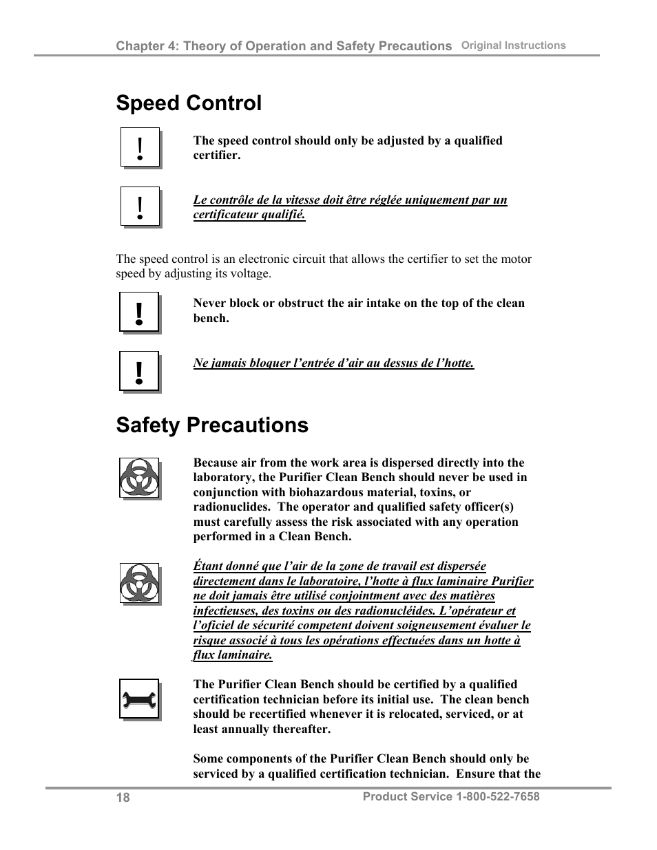 Speed control, Safety precautions | Labconco Purifie Horizontal Clean Benches 38185 Series, 8' User Manual | Page 22 / 53