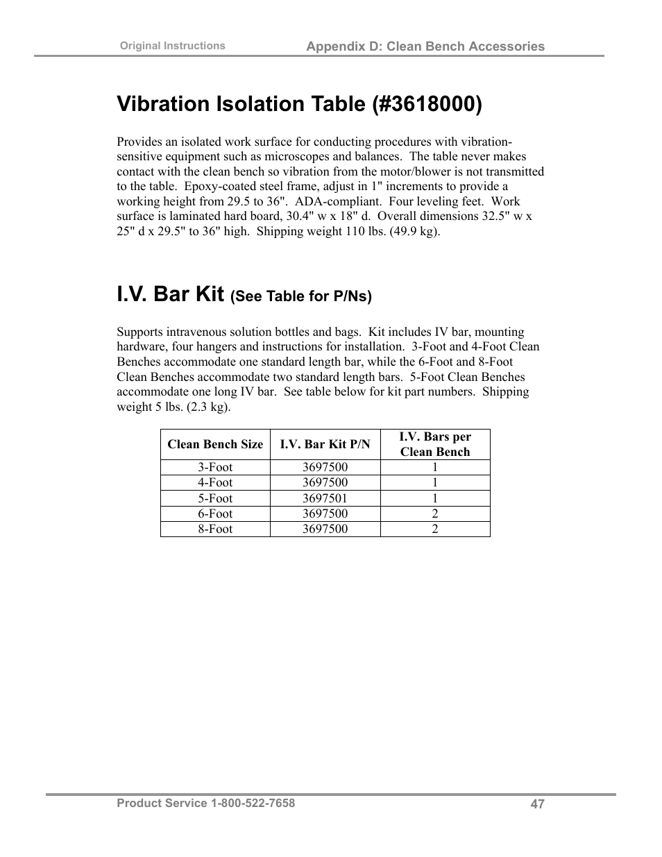 I.v. bar kit | Labconco Purifie Horizontal Clean Benches 38185 Series, 8' User Manual | Page 51 / 53