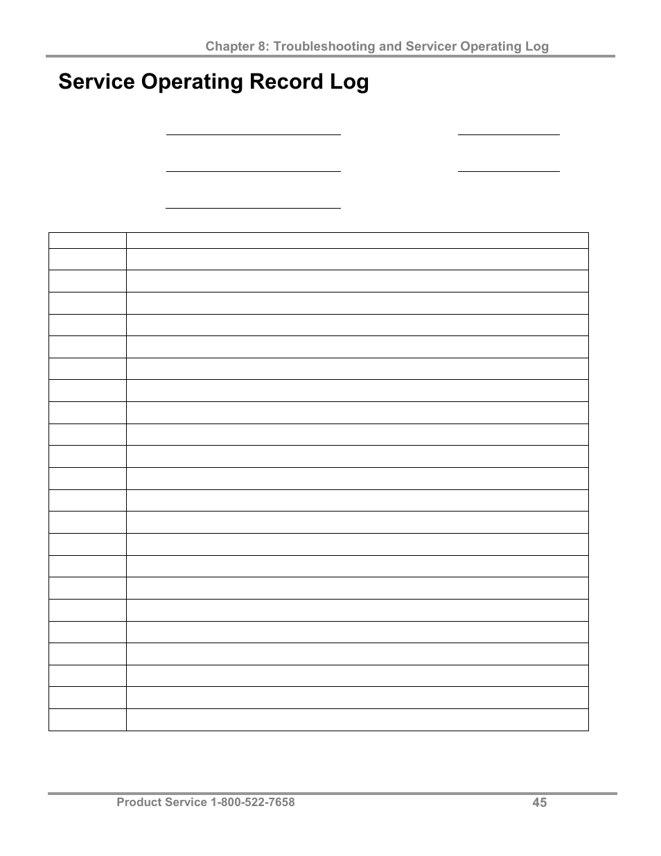 Service operating record log | Labconco Purifie Horizontal Clean Benches 3970424 User Manual | Page 49 / 57