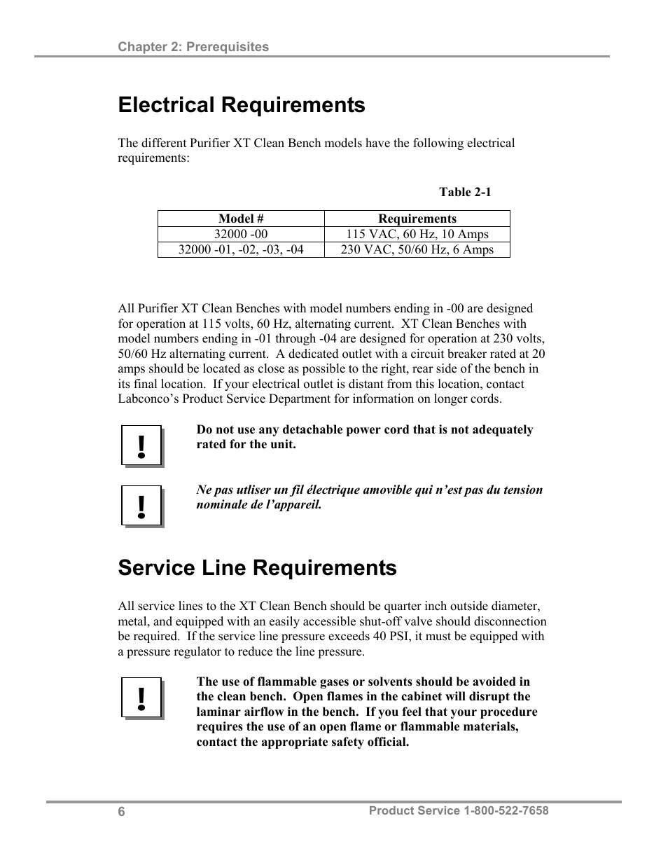 Electrical requirements, Service line requirements | Labconco Purifie Horizontal Clean Benches 32000 Series User Manual | Page 10 / 49